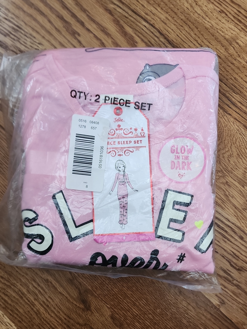 NIP Deadstock Justice Girls Glow-in-the-Dark PJ Set Size 8 Pink Original Retail